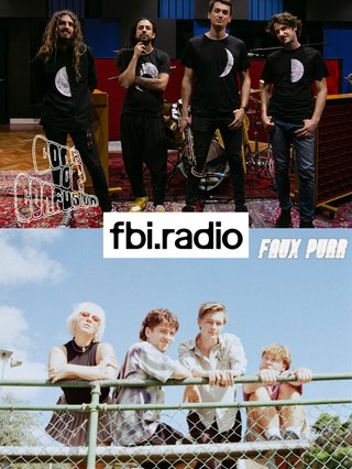An image of all four members of Cone Of Confusion standing in studio above an image of all four members of Faux Purr standing outside against a railing