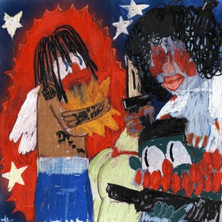 The image is an album cover of skaiwater's alum #gigi. It is a stylised oil painting of two figures facing each other. One is hugging a small orange shape. The other is holding a gun.