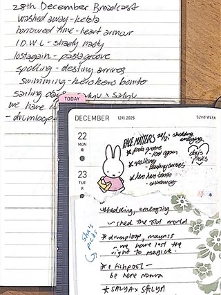 A flay lay of a few journals and scrap paper with a miffy sticker, and handwritten track list