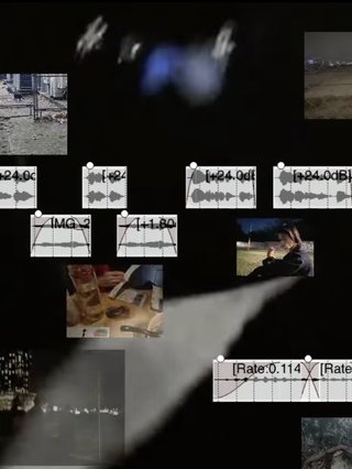 A screen recording of an audio workspace by Sehej and Leya that is collaged over a video of them flying a kite over Parramatta river at night, and small images of memories that they have shared in their brief but transformative friendship