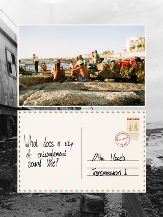 A collage artwork with photos from so-called capetown. The background is a black and white image of the coastline. Overlaid is a handmade postcard with a photo from modern day //Hui !Gaeb aka capetown, and a handwritten note that says "what does a city of entanglement sound like" "transmission 1"