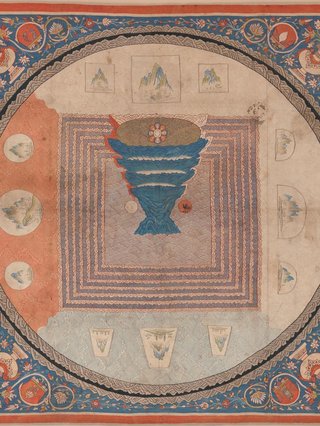 A hand-drawn image from an old Buddhist text. Ornate, nature borders with a blue vessel in the middle akin to intricate mandala images