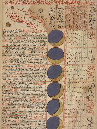 A scanned manuscript of ancient Islamic astrology. There's calligraphy writing in Arabic in black adn red script, with drawn phases of the moon on a vertical axis.