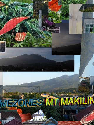 A collage of sites and artefacts from Mt Makiling layered in a glitch style with the words TIMEZONES MT MAKILING in artistic font on the bottom
