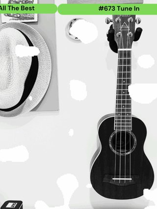 A guitar (right of screen) & a top hat (top left of screen) siting on a grey background with some white blobs.