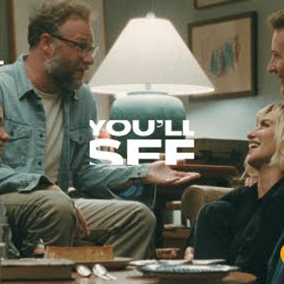 People sitting around in a living room looking at each other, big whiet lamp in middle of picture, SFF logo in centre