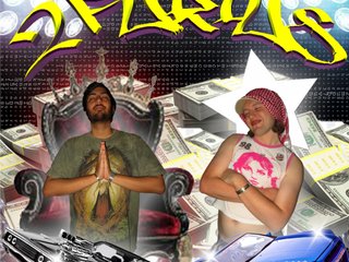 In the style of cheesy 2000s hip hop mixtapes - Mateo on the left has his hands clapsed in prayer. Benny has their arms crossed and is standing tilted. Above is yellow graffiti writing '2furius'. Below them is two cars, and below is 'fbi radio 94.5' in gray graffiti font