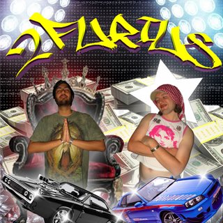 In the style of cheesy 2000s hip hop mixtapes - Mateo on the left has his hands clapsed in prayer. Benny has their arms crossed and is standing tilted. Above is yellow graffiti writing '2furius'. Below them is two cars, and below is 'fbi radio 94.5' in gray graffiti font