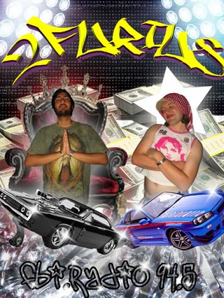In the style of cheesy 2000s hip hop mixtapes - Mateo on the left has his hands clapsed in prayer. Benny has their arms crossed and is standing tilted. Above is yellow graffiti writing '2furius'. Below them is two cars, and below is 'fbi radio 94.5' in gray graffiti font