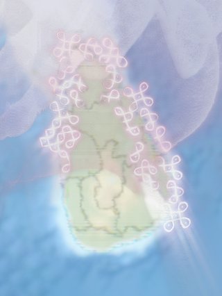 a glitchy orb hovers over a map of ‘Sri Lanka’. A kolam glows over the north eastern region of Tamil Eelam.
