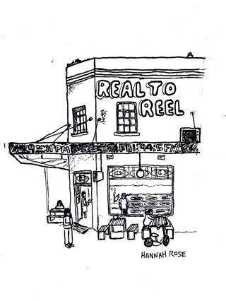 Hand-drawn illustration of a restaurant with the words Real to Reel written on the side of the building.