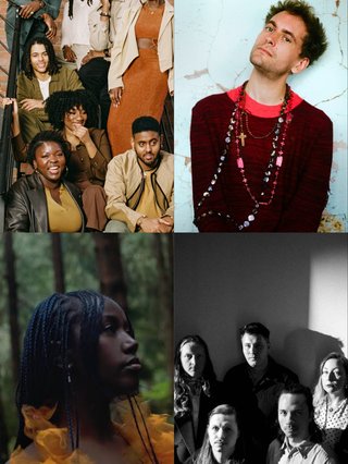 Four separate studio images sandwiched together. The top two images (from left) featuring all members of Kokoroko, the next a photo of Alabaster DePlume, beneath him a black and white image of the members of Temporary Blessings, and to the left of that a photo of Nū.