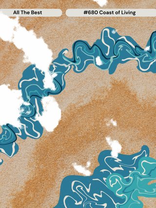 A painting of what looks like brown sand surrounded by water and white cloud or smoke