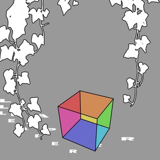 leaper by sticker bush album cover - grey with white leaves, with a cube in the bottom/middle of the screen featuring pink, red, orange, blue, light blue, green and yellow