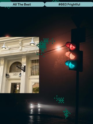 An apartment door in the day surrounded by the darkness of an evening night with a traffic light and car both shining bright lights.