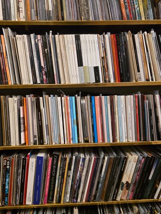 Close-up of CD shelves