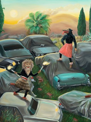 A magical realism painting by Shyamala Golden depicting some monsters in traditional Sri Lankan clothing and jewllery dancing in a field of abandoned cars