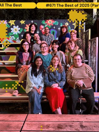 A group photo of the All The Best team sitting on a colourful bench