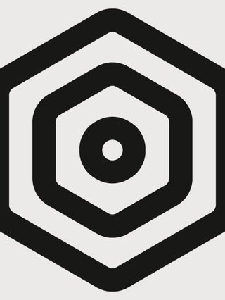 hive mind records label image, geometric shape with a circle inside surrounded by two slanted hexagons