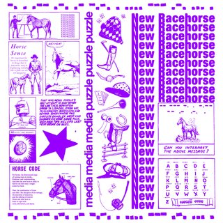 media puzzle new racehourse album cover - purple and white with an array of images and text