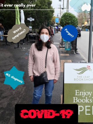 A lady walks down the Sidewalk of a main street with a mask surrounded by text saying “MS Diagnosis,” & “Weird Symptoms,” to name a couple
