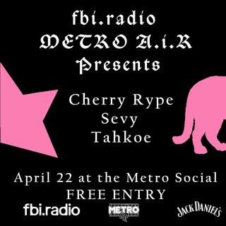 Poster of fbi radio x Metro Air. Black background with pink stars, pink panther, white text and lineup details of the event.