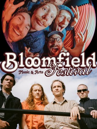 Two images - the top of all five members of The Rookies pulling faces into a fisheye lens. The bottom photo of all four members of Karate Boogaloo peering into the camera. The Bloomfield logo stamped between the two photos.
