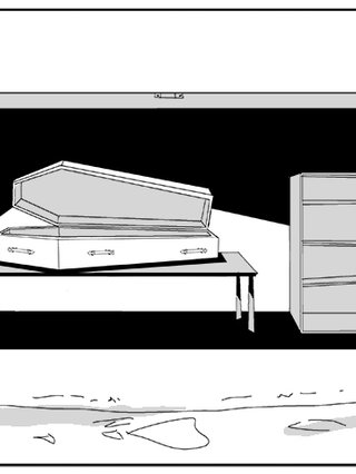 A black and white illustration of a coffin, shelf and ladder in a garage.