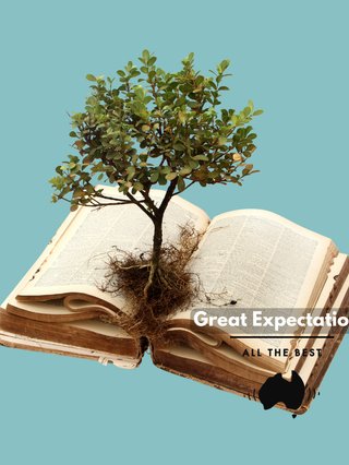 A digital collage of a tree growing out of a book. The episode title Great Expectation in the bottom right, below that All the Best.