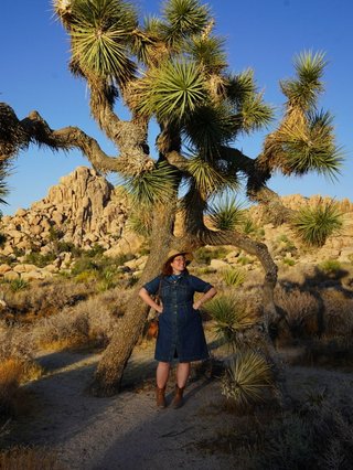 Johanna stands in the middle distance amongst a desert scene with large cacti and trees. She is wearing a knee length blue dress, boots, a hat and is smiling to something on her left under a bright blue sky.