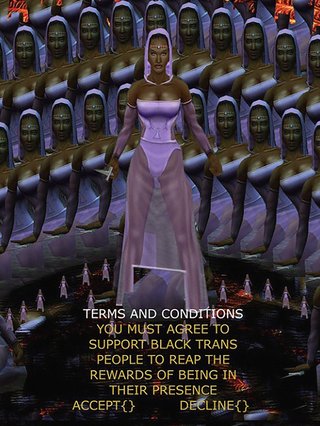 A screenshot from a game designed by Danielle BRaithwaite-Shirley. It is a deity-like figure in pink attire standing strong, the image is duplicated at least 10 times. The text reads "terms and Conditions: with options to choose your own adventure in the game