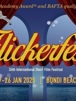 Flickerfest banner with woman and man holding film camera and film.