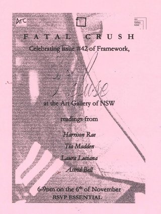 an event poster titled Fatal Crush, it is pink and there is a grey image printed over the event details.