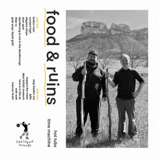 A cassette style cover with album information on the left, and a black and white picture of Hot Tubs Time Machine members standing in front of a large rock landmark, holding big sticks