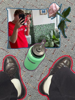 collage featuring a harrie hastings mirror selfie, a green nalgene water bottle, a pink rose, his legs on a pale blue carpet wearing doc martins.