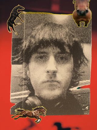 Digital collage featuring red background and horse silhouettes, centre black and white grainy photograph of man looking directly at camera, and pictures of horses overlapping outline of photo.