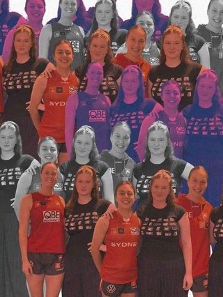 Collaged photos of woman standing with three different athletes from the Sydney Swans AFLW team
