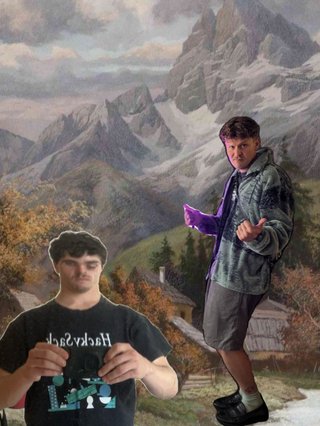 A collage of Sachin Burns (left) wearing a hacky sack shirt and harrie hastings giving the thumbs up - standing in front of painting of mountains