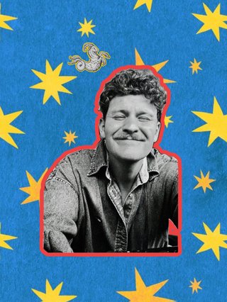 Digital collage: blue background with yellow starts and a Capricorn illustration. Black and white photo of Harrie with red outline.