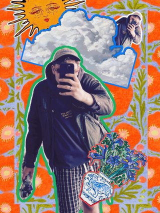 Digital collage with textured backgrounds. Harrie holds his phone in front of his face like he's taking a picture.