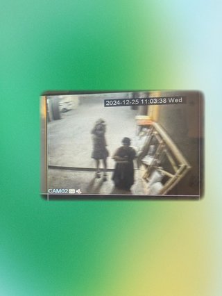 A cut out frame of a cctv feed. Shareeka and Giana stand looking at the camera. They are blurry and hard to make out. Shareeka is holding a dog.