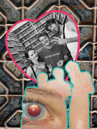 Digital collage with textured background. Photo of Harrie and band 'Fuckers' in a pink heart.