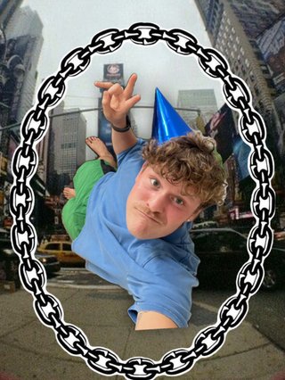 Digital collage with city street background. An aerial photo of Harrie--wearing a blue part hat, blue shirt, and green shorts giving a peace sign--bordered by a black and white chain.