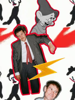 Digital collage featuring man in suit and tie, man in bowtie, lightning bolt, cartoon character with big ears and smile