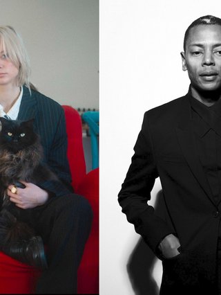 A split image of a woman holding a cat on her lap and Jeff Mills the musician.
