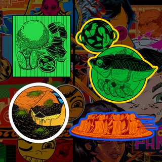 An art collage showing different foods.