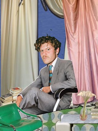 collage of a pastel set with pink curtains and harrie hastings head on a body in a grey suit