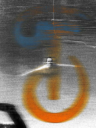 An arty glitched black and white photo of Liam treading water in a creek or river.
