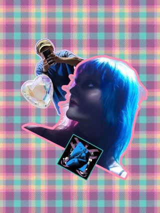 Collage of Jasmine.4.t, harrie taking a selfie, a jeweld heart and jasmine's single cover - on top of a plaid background in trans flag colours