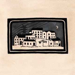 A black and white drawing of a cluster of houses against a night sky on a cream background